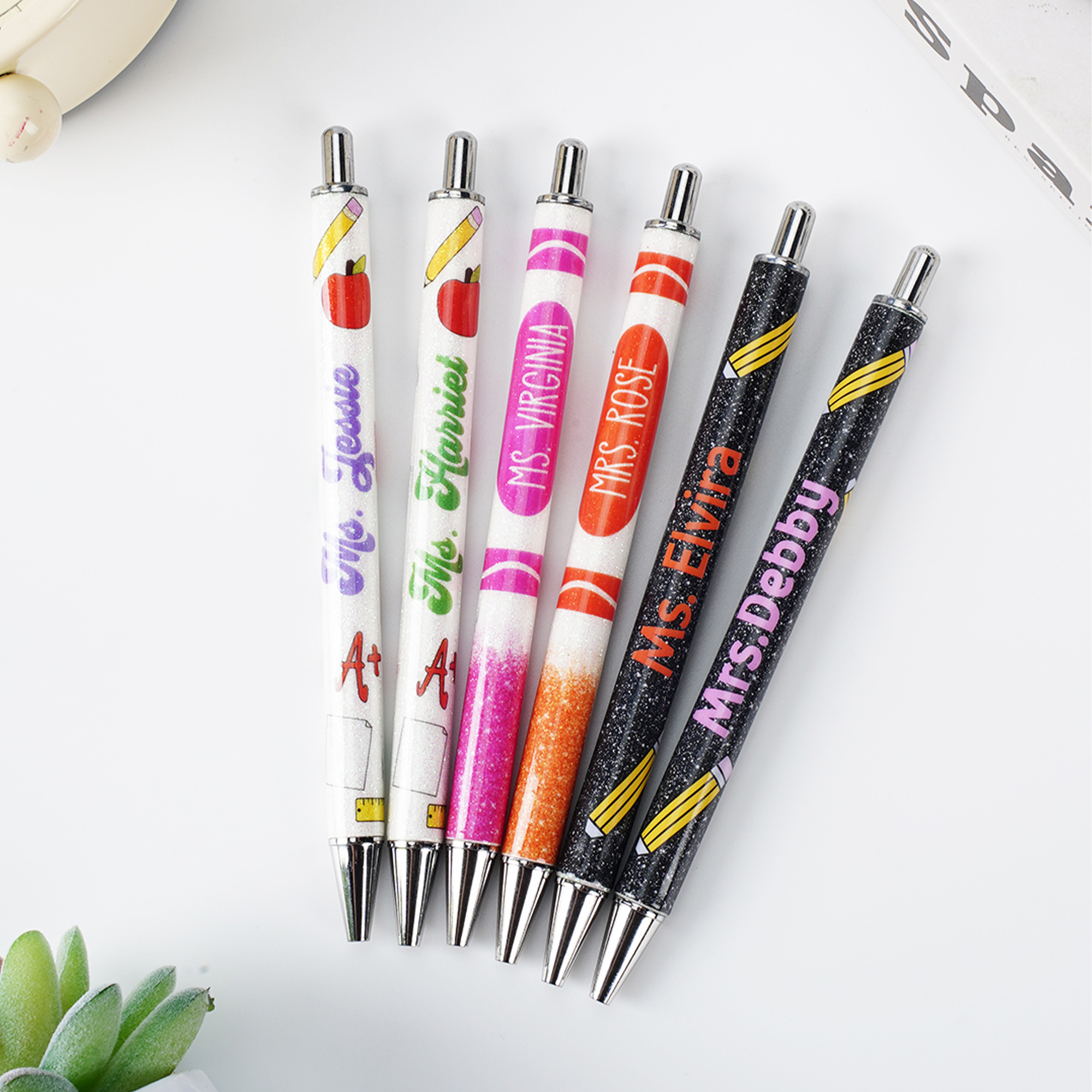 Personalisierter, nachfüllbarer Kugelschreiber von Apple Crayon mit Glitzer und Text – Geschenk zum Schulanfang und zum Lehrertag für Lehrer