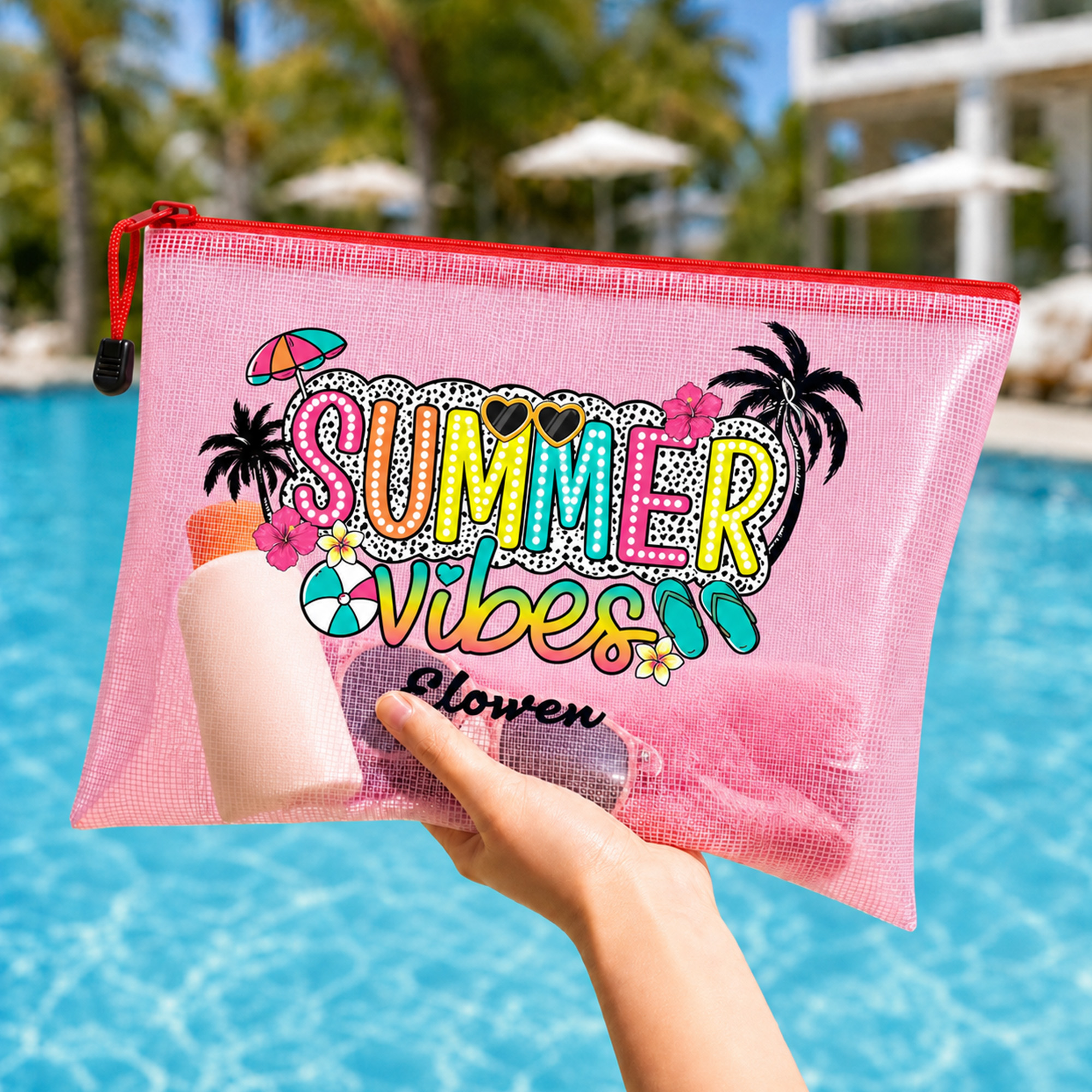 Individuell gestaltete, wasserfeste Strandtasche im „Summer Vibes“-Design mit Namen – Geburtstagsgeschenk für sie zur Strandparty