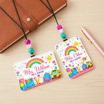 Personalised Pencil Book Bus Rainbow PU Leather ID Badge Holder with Title Surname and Grade End of Year Teacher's Day Appreciation Gift for Teacher