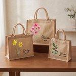Personalised Birth Flower Large Capacity Jute Tote Bag with Name and Text Wedding Anniversary Birthday Gift for Mum Grandma Bridesmaid