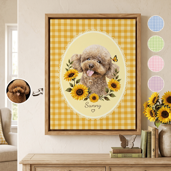 Personalized Gingham Floral Sunflowers Pet Photo Canvas Prints with Name Wall Art Home Decor Ship from USA Pet Birthday Gift for Pet Lover Owner