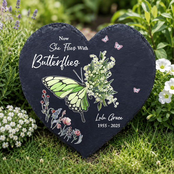 Personalised Birth Flower Butterfly Heart Circle Shaped Garden Stone with Name and Year Garden Decor Memorial Gift for Family