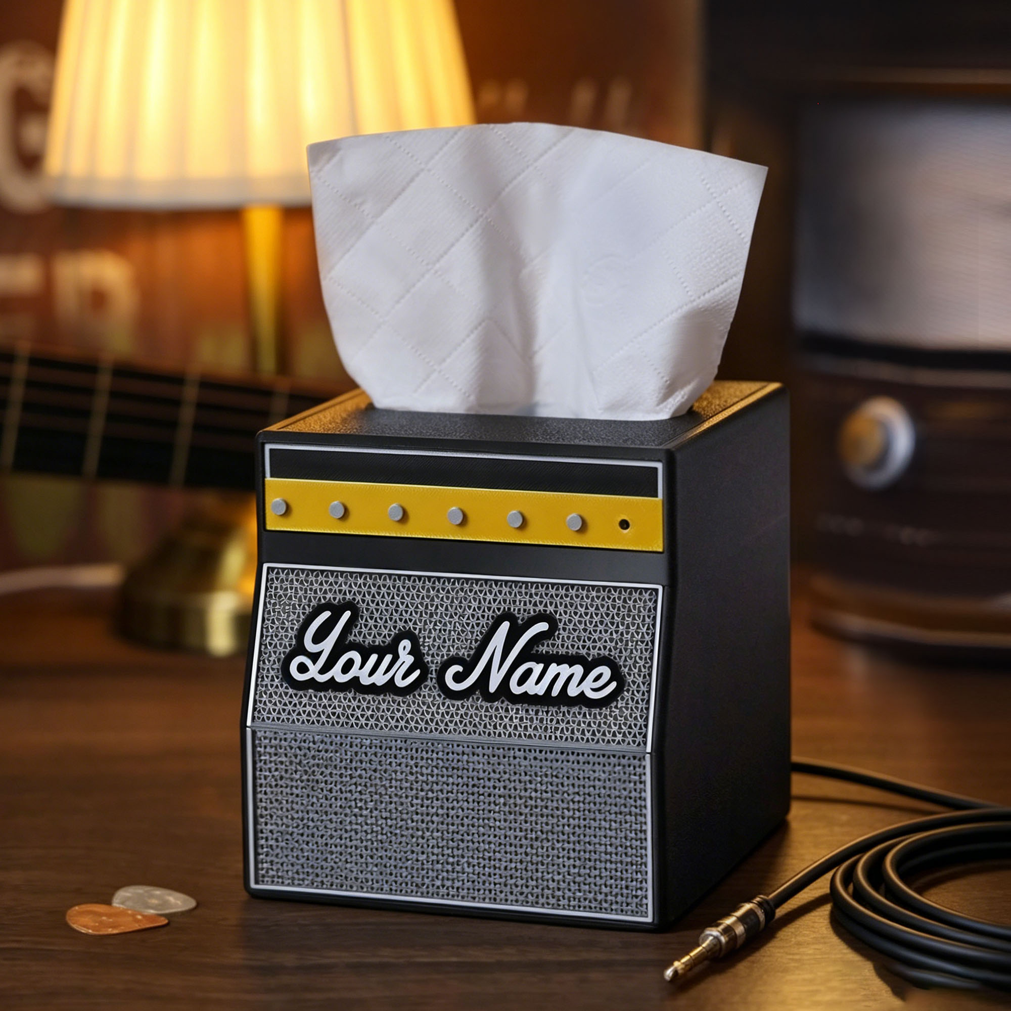 Individuell gestaltete, im 3D-Druckverfahren hergestellte Taschentuchbox im Lautsprecher-Design mit Namen – Geschenk für Musikliebhaber, Rockbands, Konzerte und Musikfestivals sowie zum Geburtstag