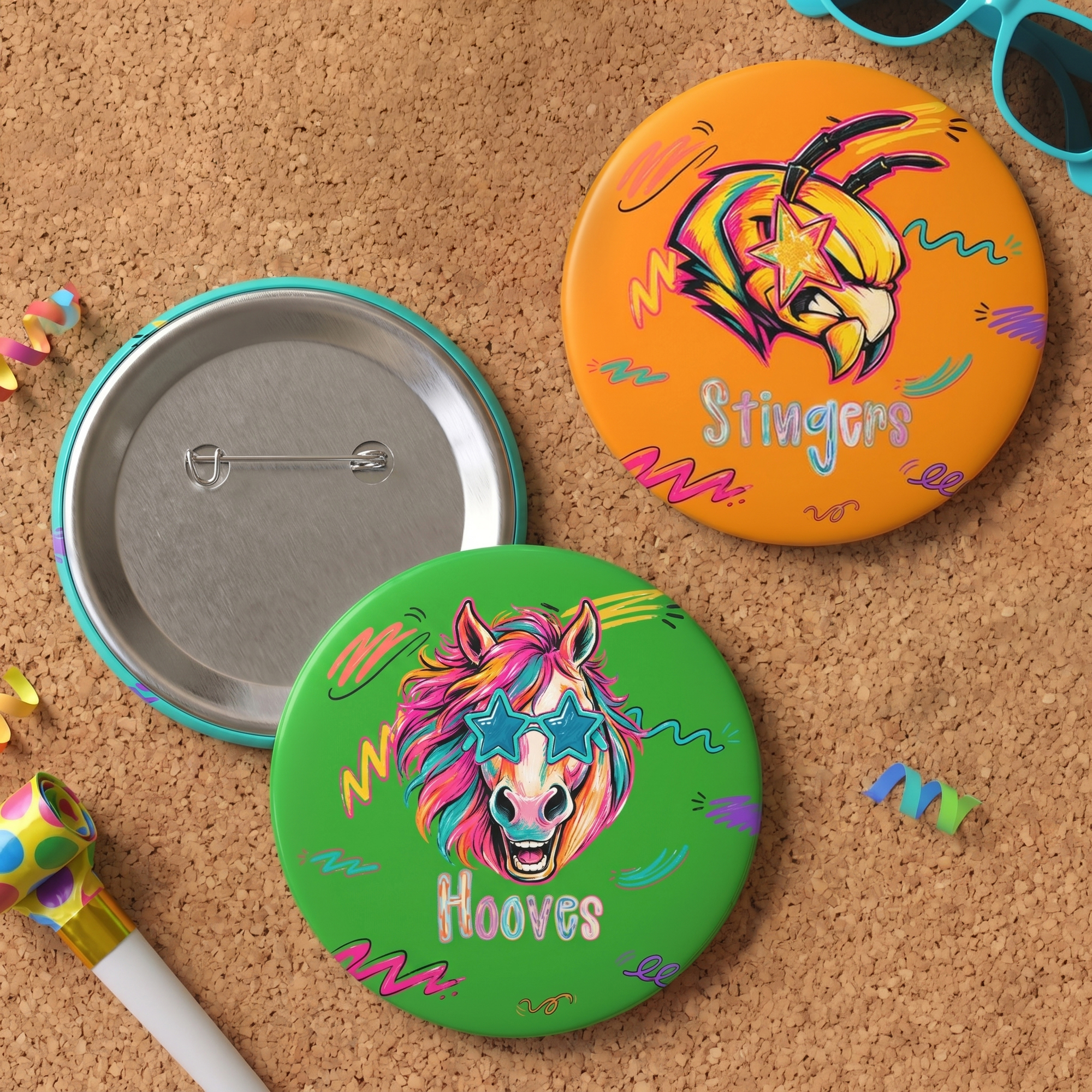 Personalisierte, mehrfarbige Maskottchen-Sonnenbrille mit Neon-Anstecker und Teamnamen – Geschenk zum Schulanfang, für Spieltage und Sportveranstaltungen – für Sportler, Trainer und Sportfans