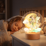 Veilleuse LED en acrylique « Fairy Moon » personnalisée avec la fleur de naissance, le prénom et un socle en bois – Cadeau d'anniversaire pour nouveau-né