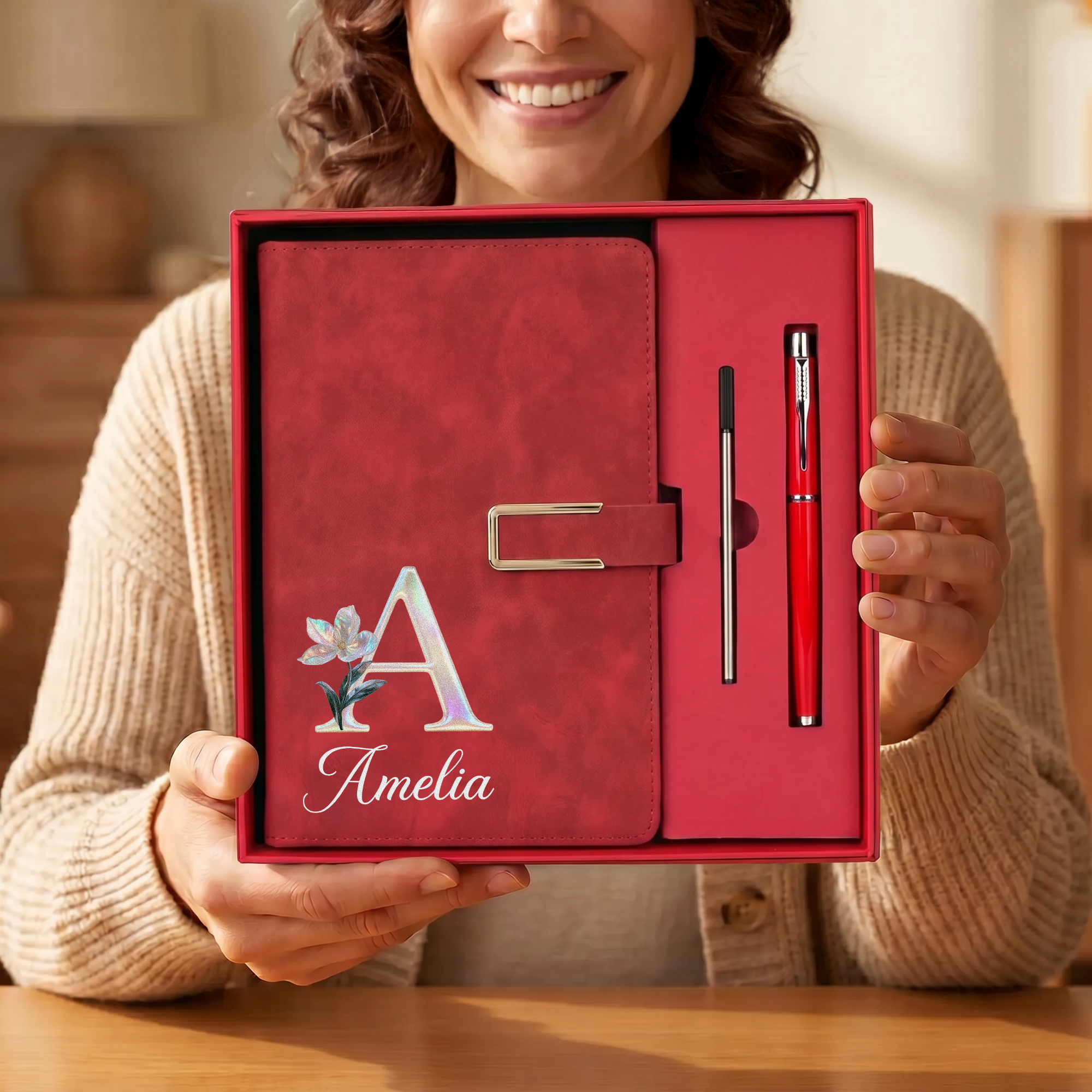 Personalisiertes A5-Notizbuch aus PU-Leder mit Perleffekt, Geburtsblume und Namen, inklusive Stift und Geschenkbox – ein schönes Geburtstagsgeschenk für Lehrer und Kollegen