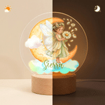 Veilleuse LED en acrylique « Fairy Moon » personnalisée avec la fleur de naissance, le prénom et un socle en bois – Cadeau d'anniversaire pour nouveau-né