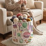 Personalized 3D Effect Yarn Crochet Hook Knitted Pattern Large Waterproof Laundry Storage Basket with Name Handle Birthday Gift for Knitting Lovers