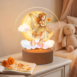 Veilleuse LED en acrylique « Fairy Moon » personnalisée avec la fleur de naissance, le prénom et un socle en bois – Cadeau d'anniversaire pour nouveau-né
