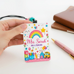 Personalised Pencil Book Bus Rainbow PU Leather ID Badge Holder with Title Surname and Grade End of Year Teacher's Day Appreciation Gift for Teacher