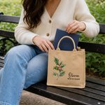 Personalised Birth Flower Large Capacity Jute Tote Bag with Name and Text Wedding Anniversary Birthday Gift for Mum Grandma Bridesmaid