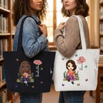 Personalised Cartoon Reading Character Birth Flower Large Capacity Corduroy Tote Bag with Name Travel Essential Birthday Gift for Book Lover Bookworm