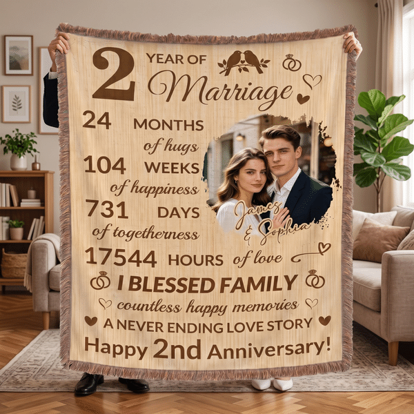 Personalized Wedding Anniversary Design Photo Tassel Soft Throw Blanket with Couple Name and Number Valentine's Day Anniversary Gift for Couple