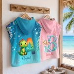 Personalised Dinosaur Mermaid Soft Kids Hooded Beach Towel with Name and Initial Beach Party Summer Vacation Birthday Gift for Boys Girls