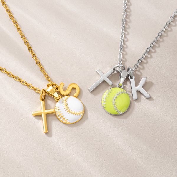 Personalized Baseball Softball Initial Cross Necklace with Box and Name Game Day Birthday Gift for Christian Sport Lover