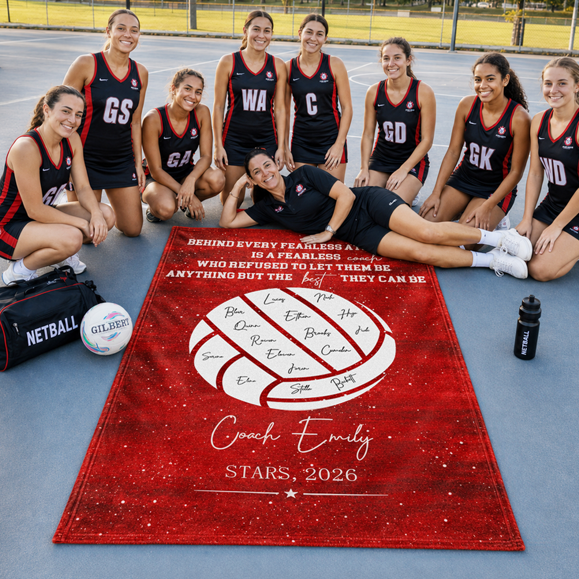 Individuell gestaltete, weiche Netball-Decke im „Galaxy Star“-Stil mit Namen und Jahr – Wohnaccessoire und Dankeschön-Geschenk für den Netball-Trainer