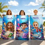 Personalizzato carino 3D personaggio subacqueo animale marino asciugatura rapida asciugamano da spiaggia in microfibra sovradimensionato con nome festa in spiaggia regalo di compleanno per bambini adu