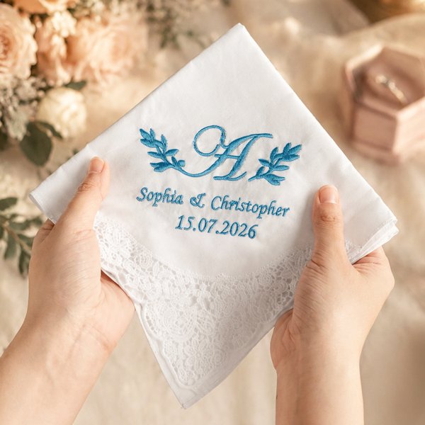 Personalised Floral Initial 100% Cotton Wedding Lace Handkerchief with Embroidered Date and Name Bridal Shower Wedding Gift for Bride