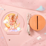 Veilleuse LED en acrylique « Fairy Moon » personnalisée avec la fleur de naissance, le prénom et un socle en bois – Cadeau d'anniversaire pour nouveau-né