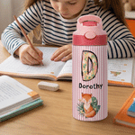 Personalised Cute Animal Stripe 12 oz Insulated Kid Water Bottle with Initial and Name Back to School Birthday Gift for Boys Girls Students
