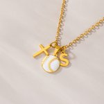 Personalized Baseball Softball Initial Cross Necklace with Box and Name Game Day Birthday Gift for Christian Sport Lover