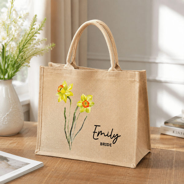 Personalised Birth Flower Large Capacity Jute Tote Bag with Name and Text Wedding Anniversary Birthday Gift for Mum Grandma Bridesmaid
