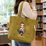 Personalised Cartoon Reading Character Birth Flower Large Capacity Corduroy Tote Bag with Name Travel Essential Birthday Gift for Book Lover Bookworm