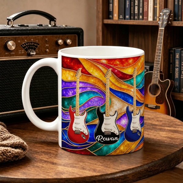 Personalized Retro Rainbow Stained Glass Design Guitar Ceramic Mug with Name Birthday Gift for Electric Guitar Players Music Lovers