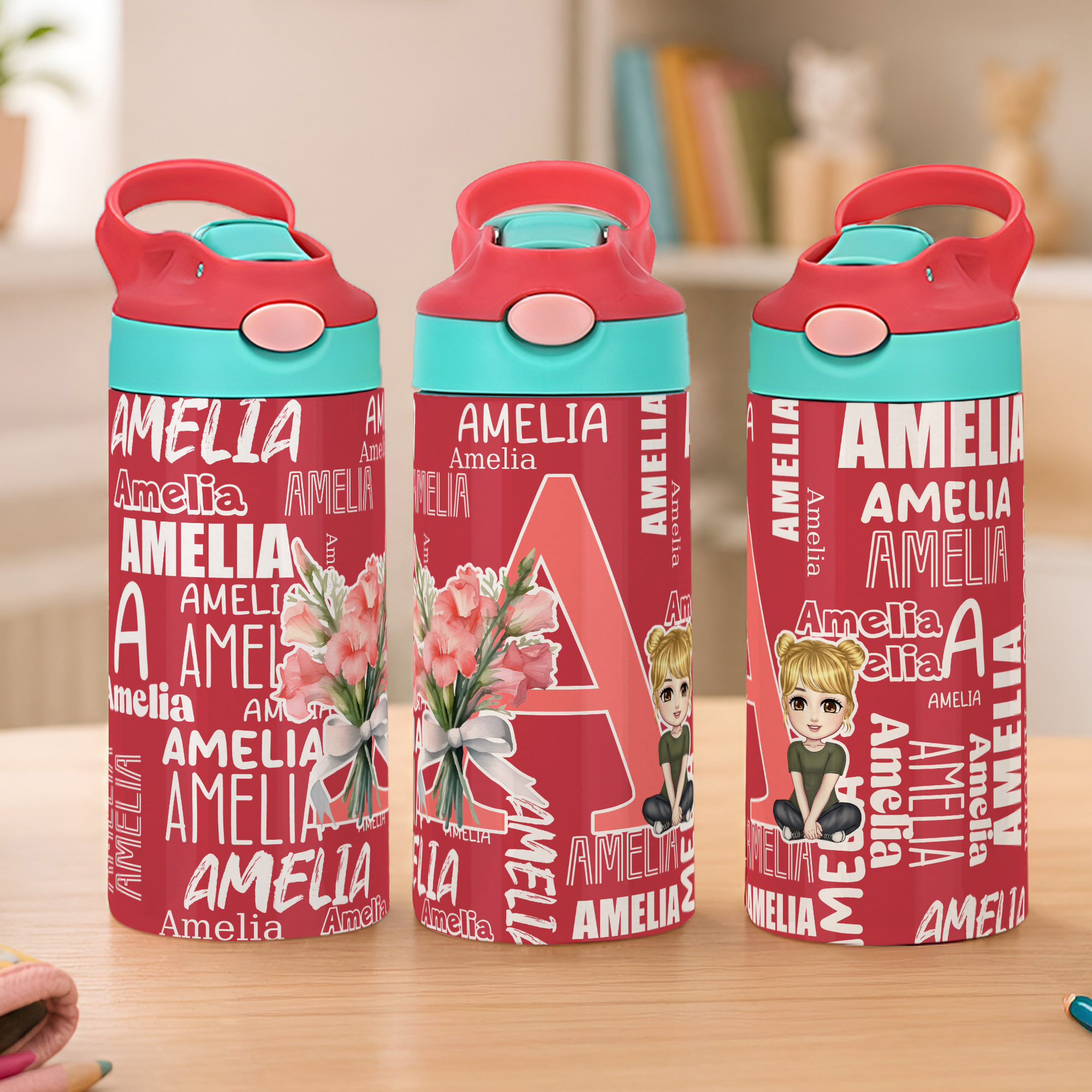 Personalisierte Wortwolke mit Namen, Cartoon-Figur, 12 oz isolierte Trinkflasche mit Strohhalm und Henkel – Geschenk zum Schulanfang oder Geburtstag für Jungen und Mädchen