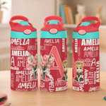 Personalised Name Word Cloud Cartoon Character 12 oz Insulated Water Bottle with Straw and Handle Back to School Birthday Gift for Boys Girls