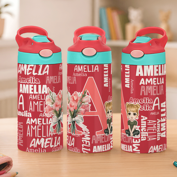Personalised Name Word Cloud Cartoon Character 12 oz Insulated Water Bottle with Straw and Handle Back to School Birthday Gift for Boys Girls