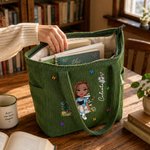Personalised Cartoon Reading Character Birth Flower Large Capacity Corduroy Tote Bag with Name Travel Essential Birthday Gift for Book Lover Bookworm