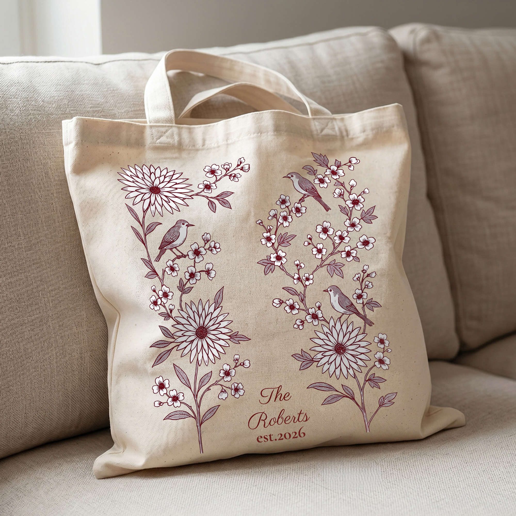 Personalisierte Vintage-Tragetasche mit Blumenmuster, Spatz und Mandarinente – großes Fassungsvermögen, mit Namen und Jahreszahl – für den täglichen Gebrauch, Jubiläumsgeschenk für Frauen und Paare
