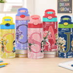 Personalised Name Word Cloud Cartoon Character 12 oz Insulated Water Bottle with Straw and Handle Back to School Birthday Gift for Boys Girls