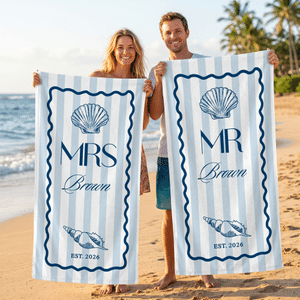 Personalized Mr and Mrs Striped Quick Dry Oversized Beach Towel with Family Name Honeymoon Wedding  Gift for Couple