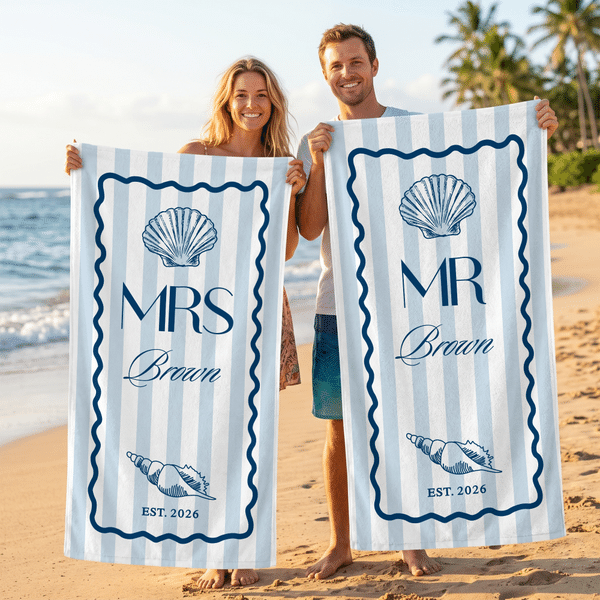 Personalised Mr and Mrs Striped Quick Dry Oversized Beach Towel with Family Name Honeymoon Wedding  Gift for Couple