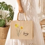 Personalised Birth Flower Large Capacity Jute Tote Bag with Name and Text Wedding Anniversary Birthday Gift for Mum Grandma Bridesmaid