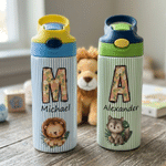 Personalised Cute Animal Stripe 12 oz Insulated Kid Water Bottle with Initial and Name Back to School Birthday Gift for Boys Girls Students