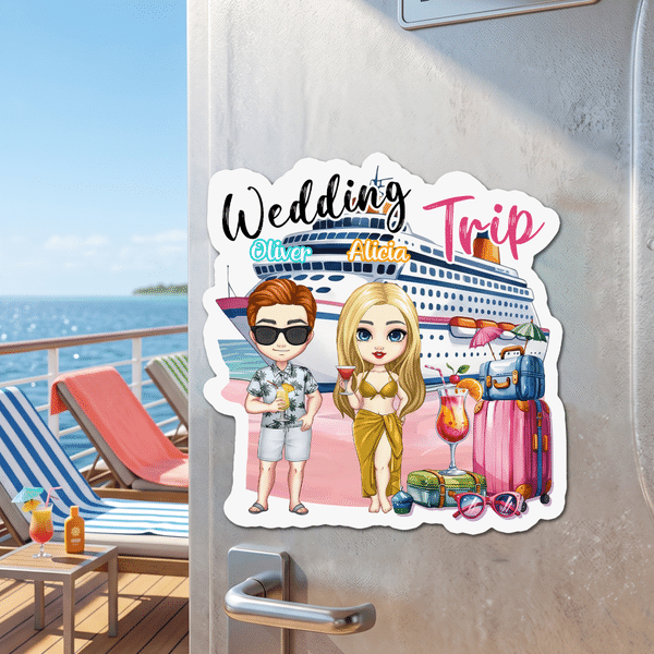 Personalized Cartoon Character Cruise Fridge Magnet with Name Home Decor Birthday Summer Travel Gift for Couple Friend