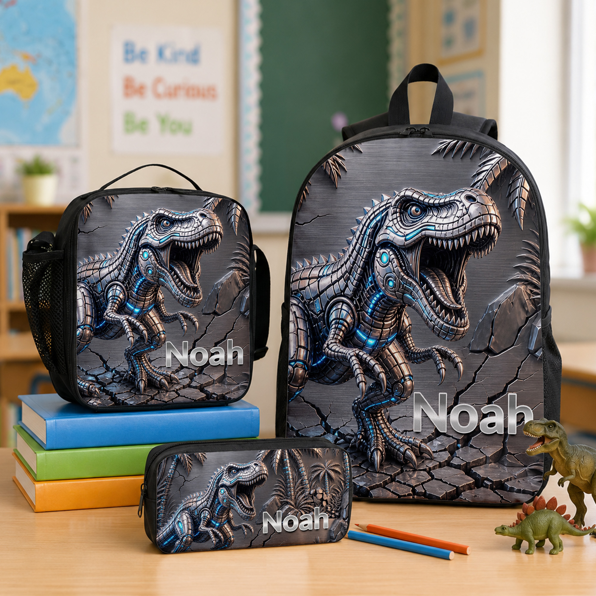 Personalisiertes Set aus Rucksack, Lunchbag und Federmäppchen mit Dinosaurier-Motiv und Namenszug – das perfekte Geschenk zum Schulanfang, zum Geburtstag oder für die Reise für Jungen, die Dinosaurier