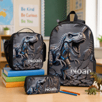 Ensemble personnalisé comprenant un sac à dos, une trousse à crayons et un sac-repas sur le thème des dinosaures, avec prénom : cadeau de rentrée scolaire, d'anniversaire ou de voyage pour les garçons
