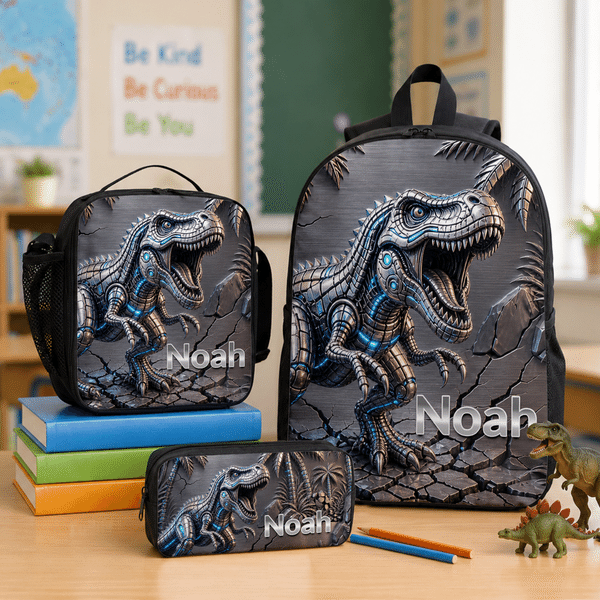 Ensemble personnalisé comprenant un sac à dos, une trousse à crayons et un sac-repas sur le thème des dinosaures, avec prénom : cadeau de rentrée scolaire, d'anniversaire ou de voyage pour les garçons