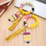 Personalised Colourful Cartoon Pencil Theme Silicone Beaded Wristlet Keyring with Text Back to School Teacher's Day Birthday Gift for Teacher Educator