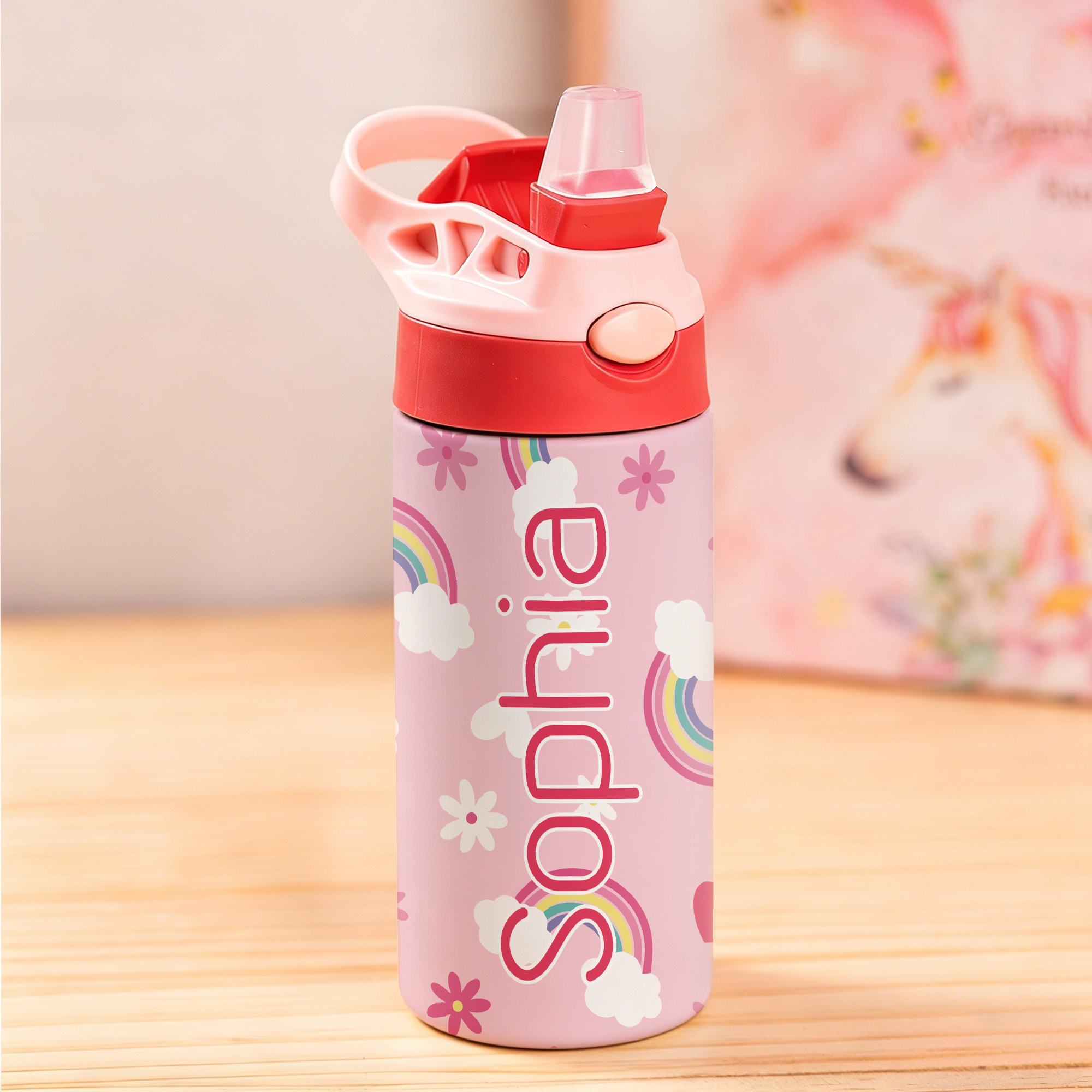 Personalisierte, niedliche Regenbogen-Dinosaurier-Trinkflasche (12 oz) mit Strohhalm und auslaufsicherem Deckel – für den täglichen Gebrauch, zum Schulanfang oder als Geburtstagsgeschenk für Kinder