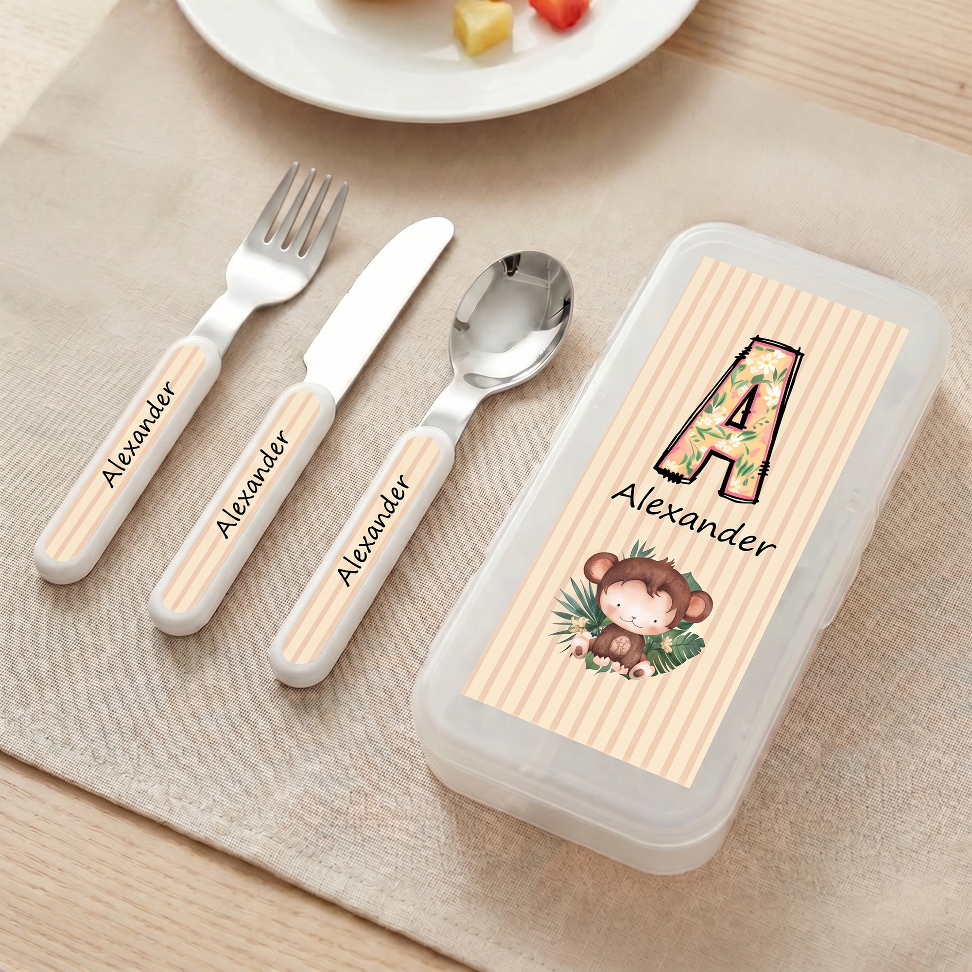 Individuell gestaltetes, niedliches 3-teiliges Besteckset aus rostfreiem Stahl mit Tiermotiven (Gabel, Löffel, Messer) und Namensgravur sowie Etui – als Geschenk zum Schulanfang oder Geburtstag für Ki
