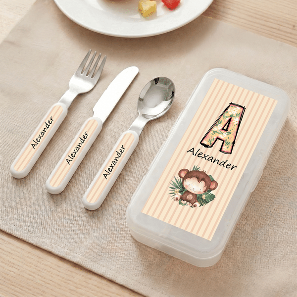 Personalized Cute Animal Safe Stainless Steel Fork Spoon Knife 3 Pcs Cutlery Set with Name Back to School Birthday Gift for Kids