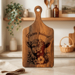 Personalized Flower Highland Cow Wooden Reversible Charcuterie Cutting Board with Engraved Text and Grip Housewarming Birthday Gift for Family Friends