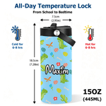 Personalised Colourful Dinosaur Name 15 oz Water Bottle with Handle and Straw Back to School Outdoor Birthday Gift for Child