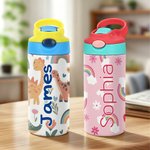 Personalized Cute Rainbow Dinosaur Name 12 oz Insulated Water Bottle with Straw and Spill-Proof Lid Daily Use Back to School Birthday Gift for Kids