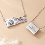 Personalised Camera Birthstone Pull-Out Photo Locket Necklace with Text Dainty Jewellery Birthday Anniversary Gift for Photographer Woman